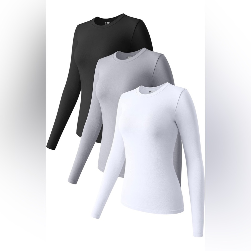 OQQ Womens 3 Piece Long Sleeve Tops Crew Neck Stretch Fitted Layer Shirts